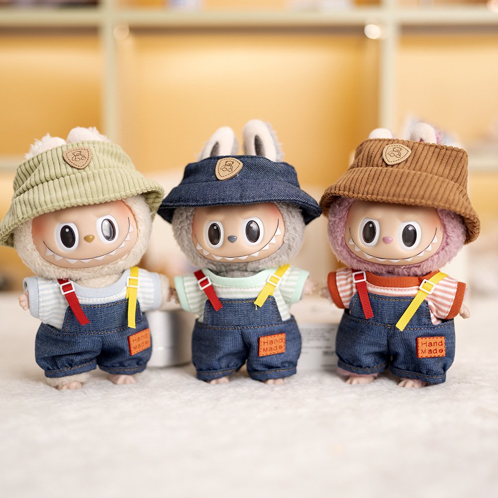 拉布布公仔娃衣T恤配牛仔背带裤labubu毛绒玩具公仔娃娃挂件衣服
