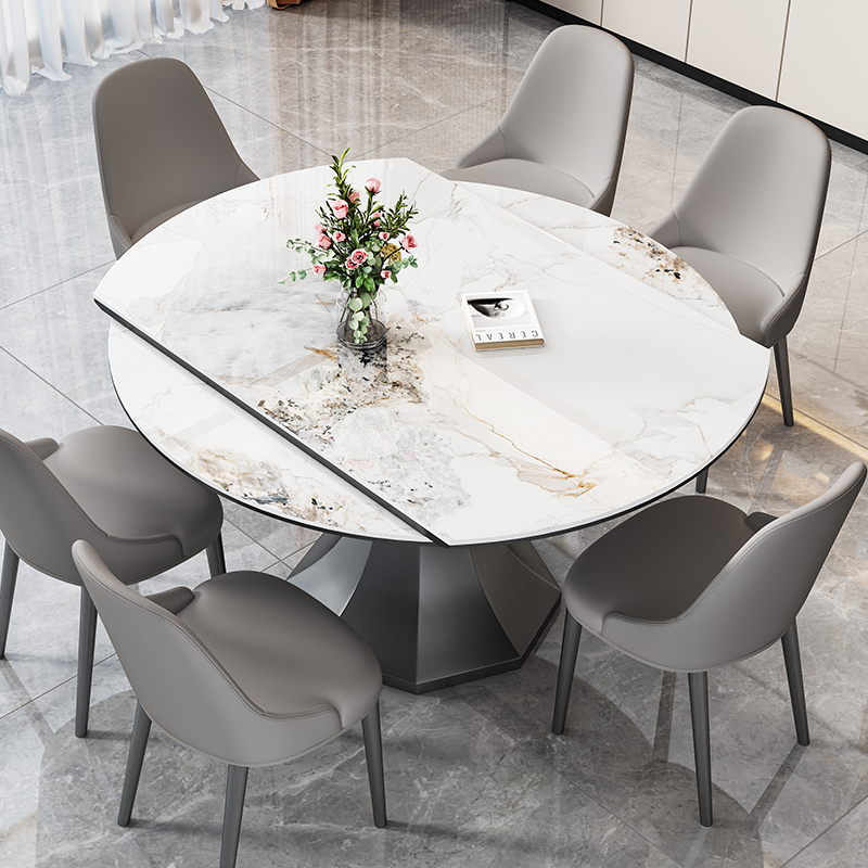 旋转岩板餐桌椅组合现代简约小户型伸缩折叠多功能可方可圆形饭桌