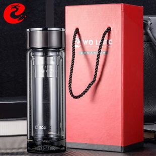 送人水杯便携过滤带盖杯子男 卧龙双层玻璃杯耐热加厚泡茶杯礼盒装