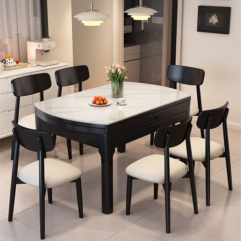 实木岩板餐桌现代简约2025新款家用小户型客P厅饭桌可变圆桌椅组