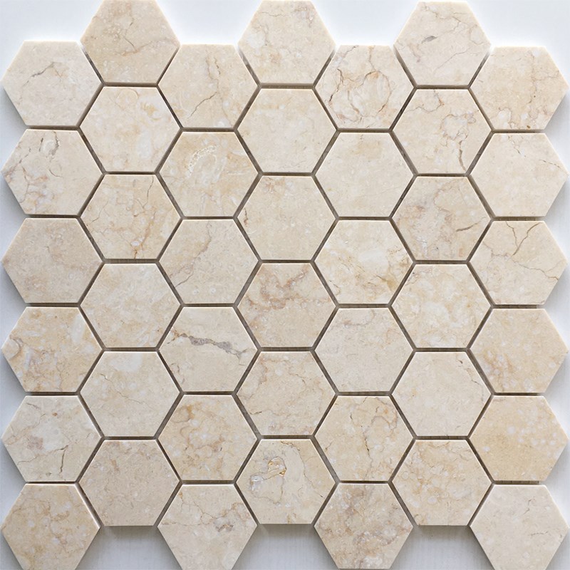 米黄色六边形马赛克墙贴石材瓷砖卫生间浴室吧台背U景墙大理石金