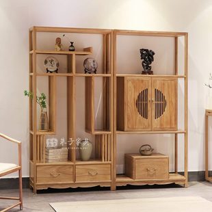 实木书架博古架家用背景墙置物架民宿榆木陈列架客厅隔断 新中式