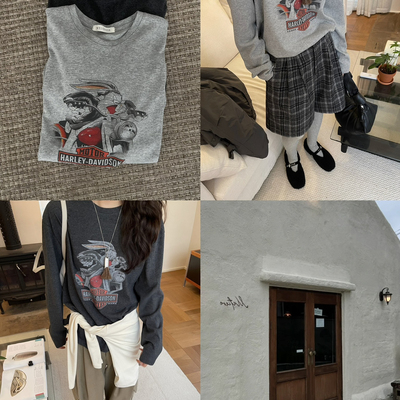 WELOVER-韩系简约美式复古宽松兔子印花内搭打底长袖T恤12590