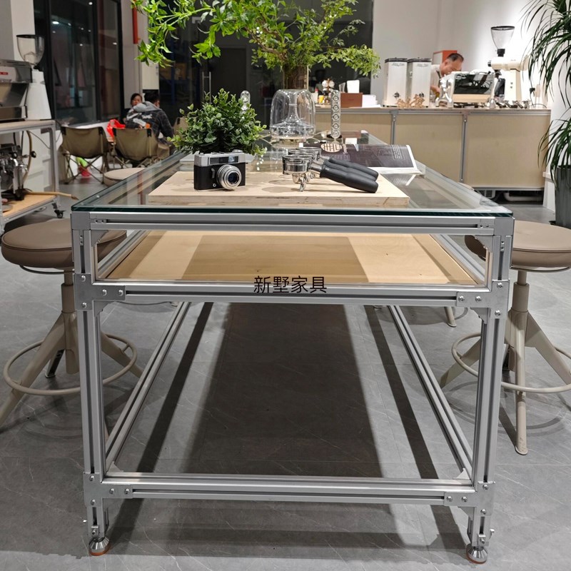 中岛流水台铝型h材双层桌玻璃桌子长方形中岛架展示架收纳架海洋