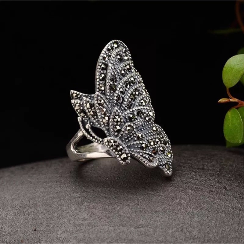 s925银泰e银复古老银匠手工戒指女韩版蝴蝶飞舞银指环PH7七夕礼物