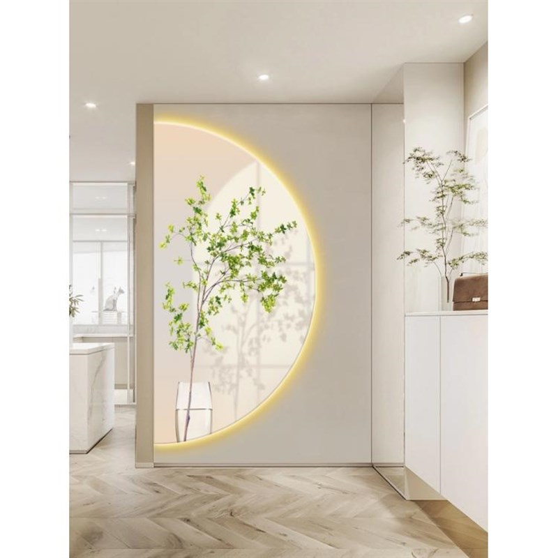 简约玄关装饰画壁画灯发光半圆大气客厅走廊挂画光影植物过道壁画