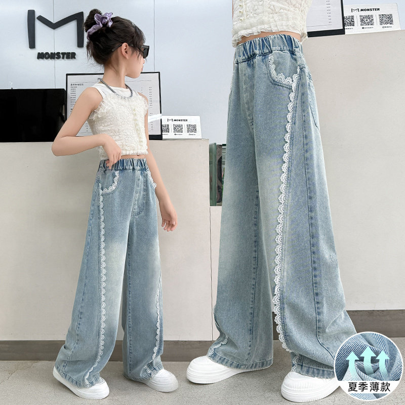 女童裤子夏季薄款2025新款春夏装女孩洋派花边窄版阔腿儿童牛仔裤