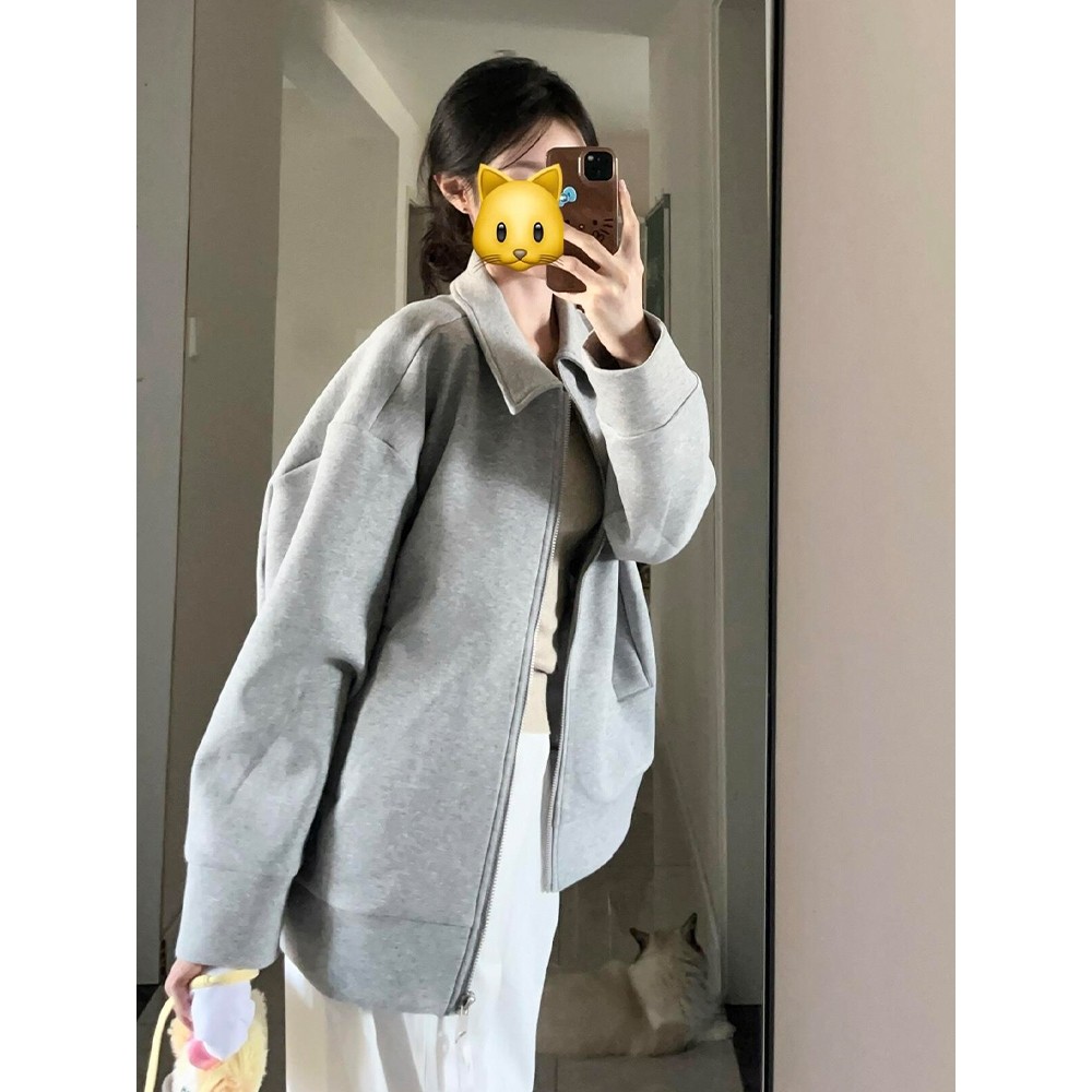 灰色翻领卫衣外套女款春秋季2025新款韩系宽松棒球服独特休闲上衣