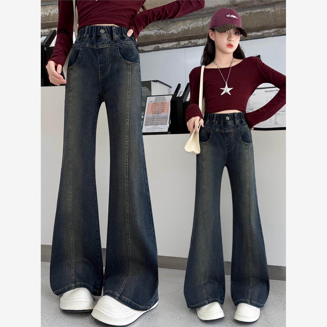 女童牛仔裤秋季新款儿童修身直筒裤子大童学生春秋装弹力微喇叭裤