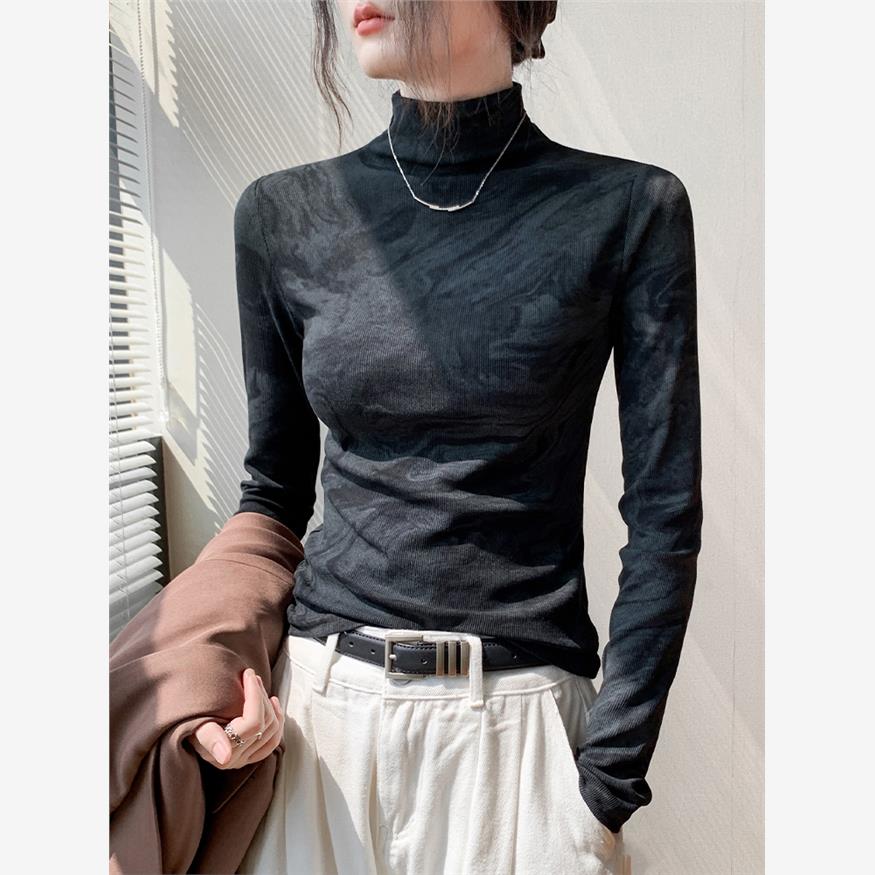 秋冬女式扎染水墨画半高领长袖t恤新款印花修身内搭衬衫