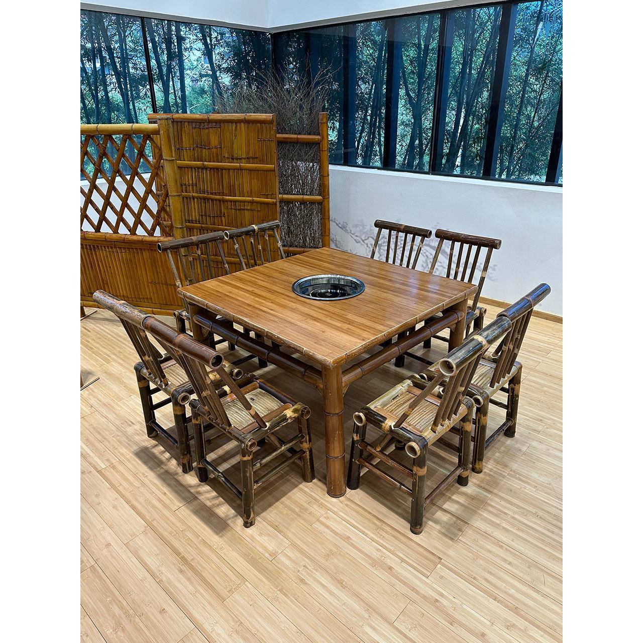 楠竹火锅桌电磁炉一体商用老式烤肉串串竹方桌子茶馆围炉竹餐桌椅