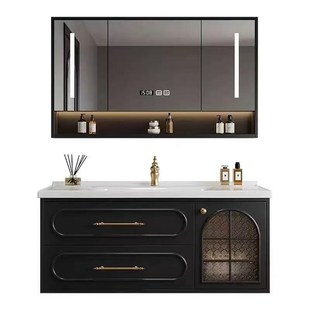 法式复古橡木烤漆浴室柜陶瓷一体盆岩板无缝盆洗漱台柜