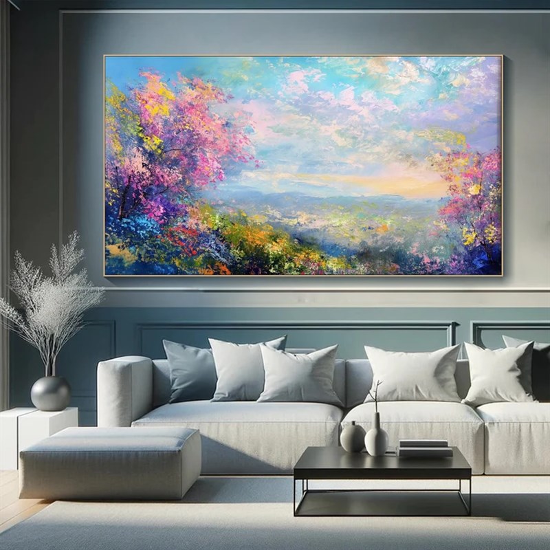 大芬村纯手绘油画现代抽象花卉肌理感客厅装饰画繁花似锦卧室挂画图片