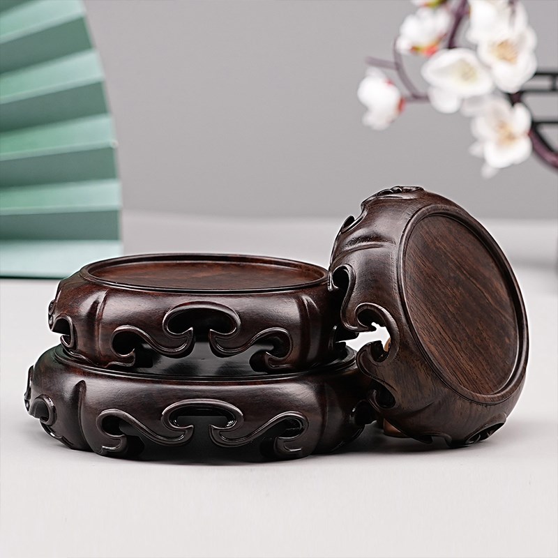 实木黑檀木如意圆形底座花瓶盆A景摆件玉器紫砂茶壶香炉文玩底座
