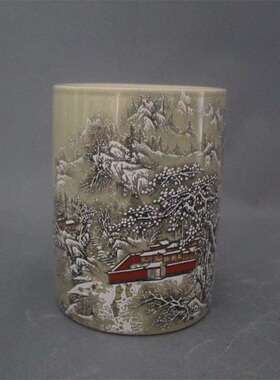 大清同治年制粉彩雪景笔筒家居仿古文房瓷器装饰摆件古董古玩收藏