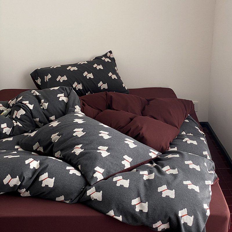 日式复古全棉加厚提花天竺棉四件套A类色纺小蘑菇针织棉床笠床单