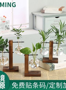 简约创意木架水培小花瓶摆件装饰品绿萝水养植物透明插花瓶装饰品