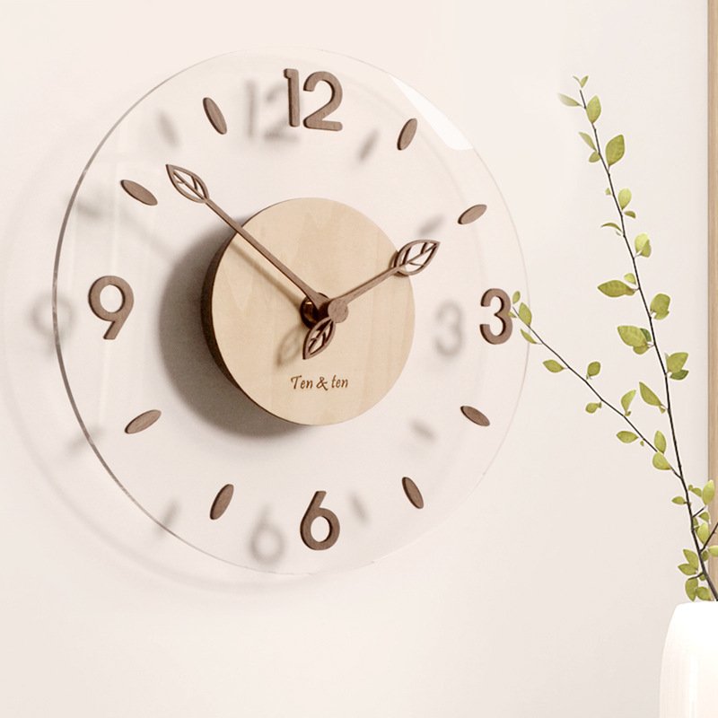 简约北欧挂钟创意实木亚克力玻璃家居客厅墙钟装饰木质时钟 Clock