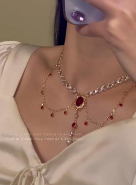 红梦公主~多层叠戴流苏项炼女2024新款爆款高级感轻奢红色锁骨炼