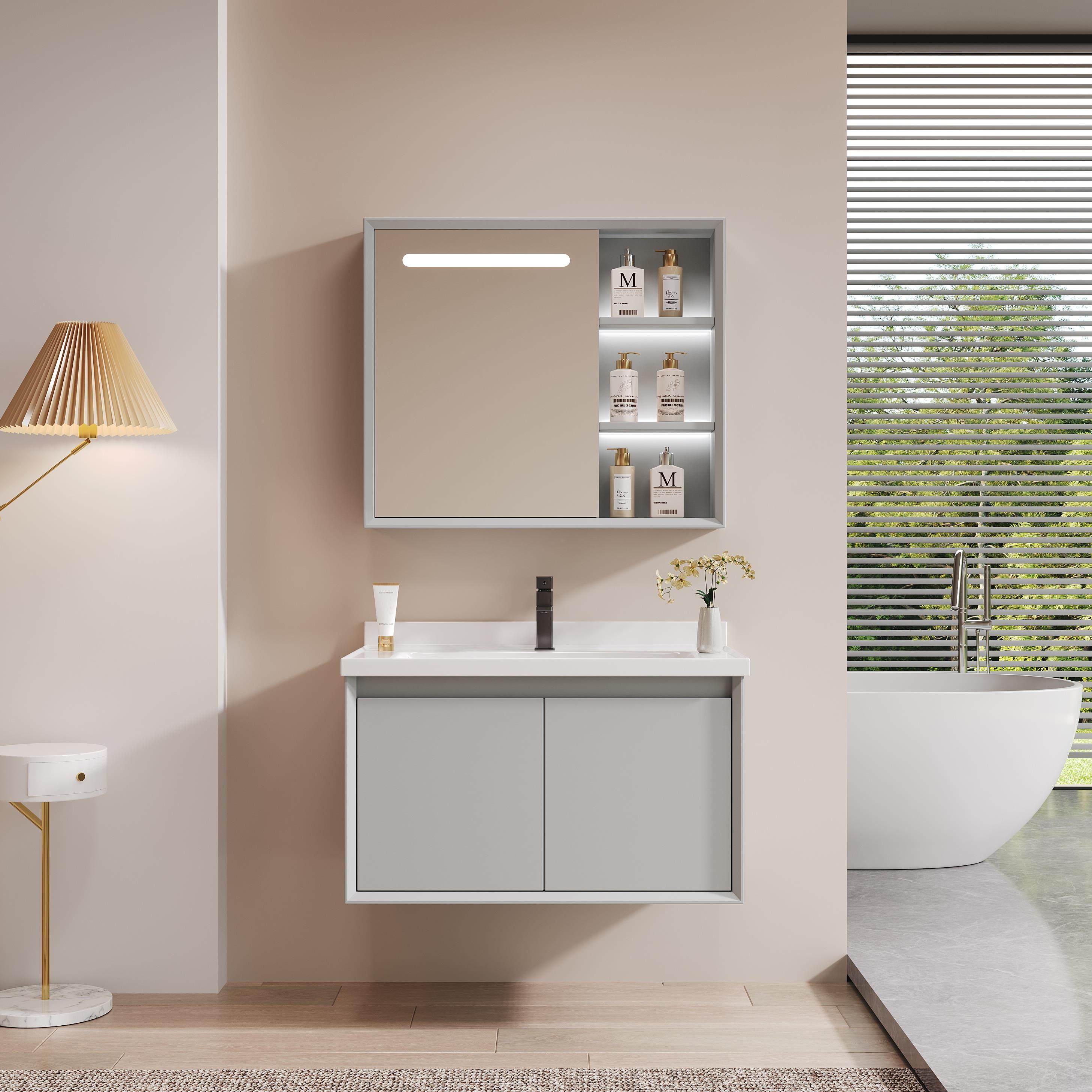 橡木烤漆浴室柜镜柜化妆室挂墙陶瓷一体盆洗漱台洗脸洗手盆柜组合