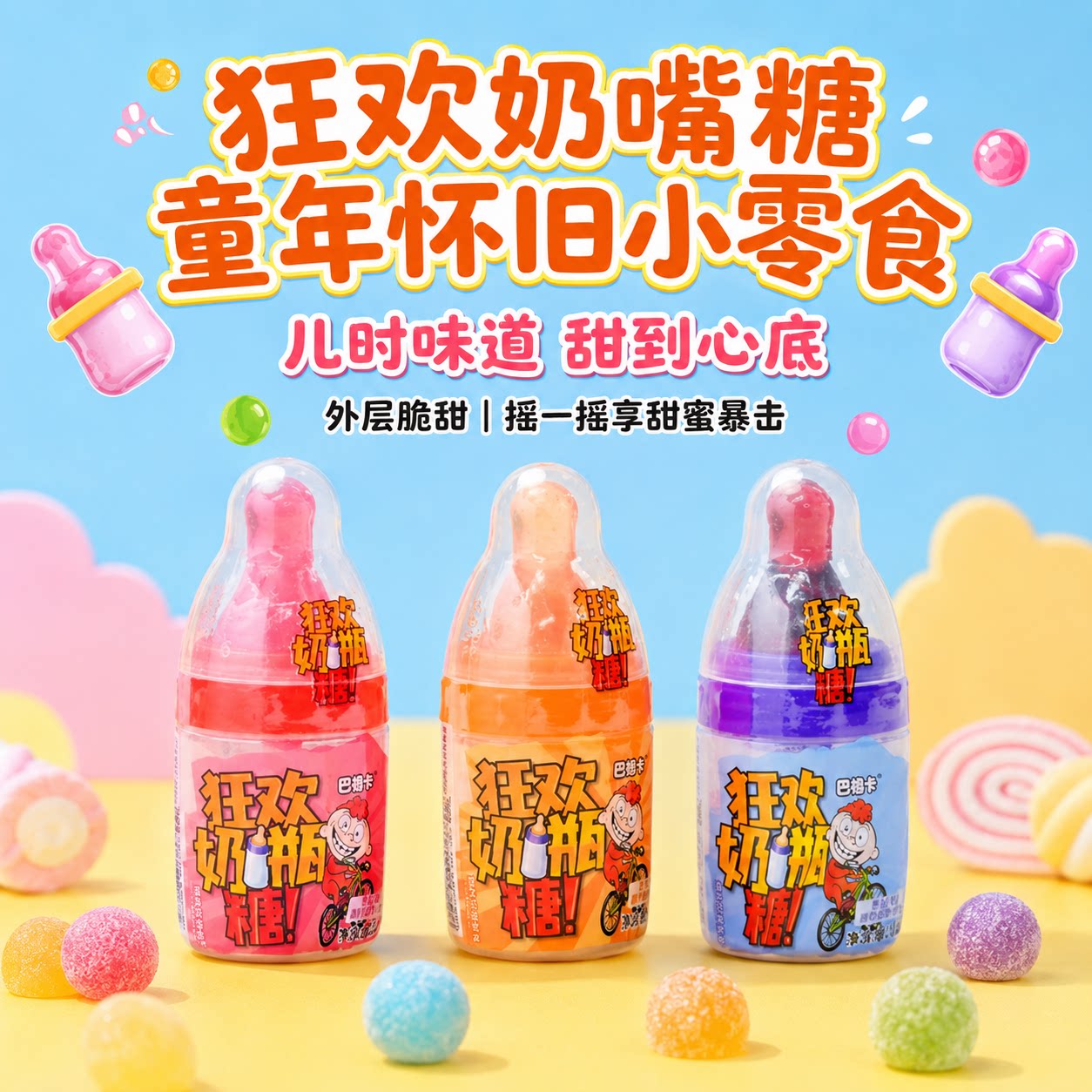 巴祖卡狂欢奶瓶糖网红酸粉糖奶嘴糖儿童糖果创意零食小孩趣味玩具