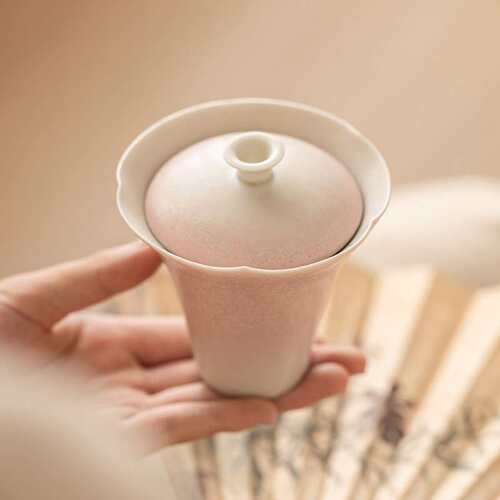 轻薄窑变胭脂粉二才盖碗中式高颜值小茶碗带盖女士茶具功夫泡茶碗