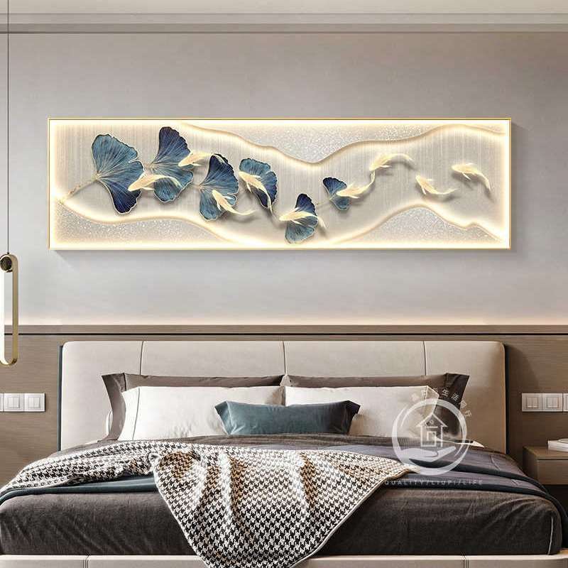 现代轻奢横幅卧室装饰画主卧床头银杏叶壁灯画客厅九鱼图高档挂画