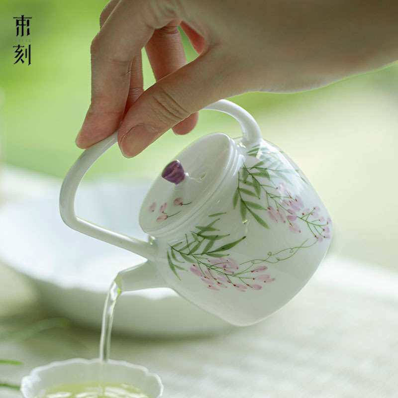 束刻白瓷手绘紫藤斜把提梁壶创意陶瓷釉下彩泡茶壶不烫手带过滤