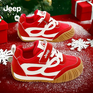 防滑男童红色阿甘运动鞋 皮面防水儿童休闲红鞋 冬季 jeep拜年女童鞋
