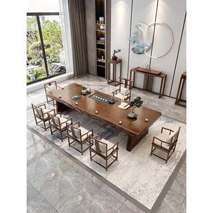 新中式原木大板茶桌椅组合实木整板乌金石烧水壶一体功夫泡茶长桌