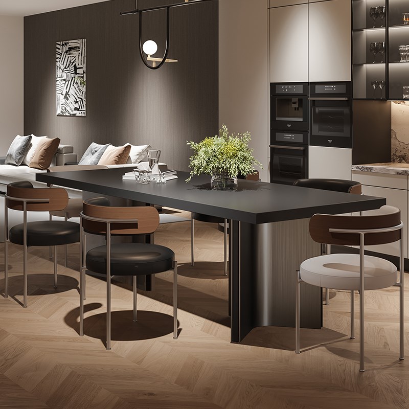 意式简约现代复古风纯黑下挂岩板餐桌椅组合大户型茶桌大板桌岛台