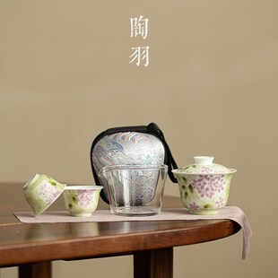 快客杯 手绘绣球花开一j壶两杯旅行茶具家用陶瓷泡茶碗户外便携式
