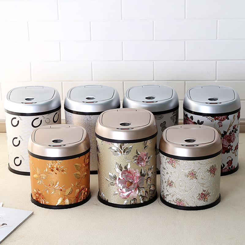 智能垃圾桶感应式家用欧式花纹皮革创意电动带盖全自动充电客厅筒