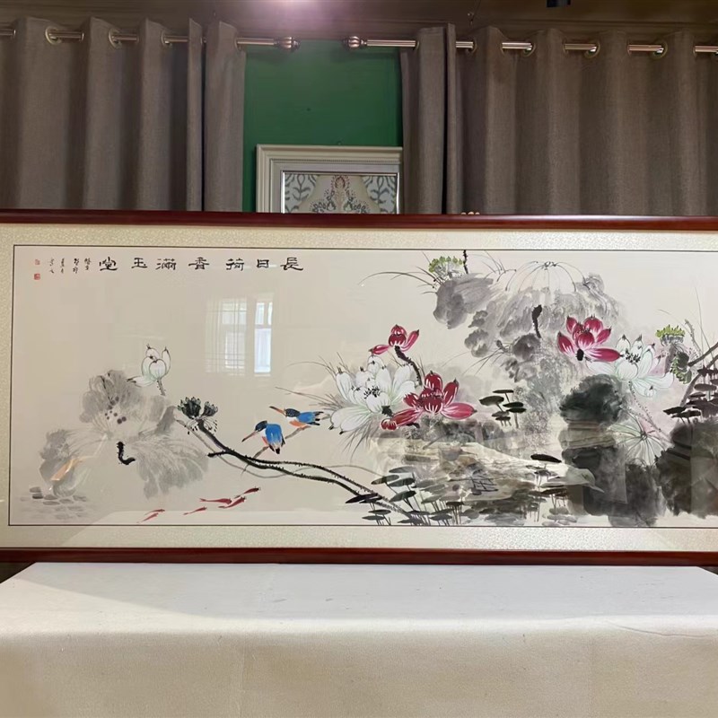 名家手绘国画水墨画花鸟荷花沙B发背景墙挂画装饰画中式客厅卧室