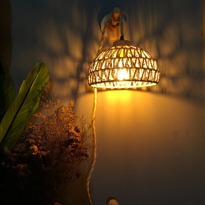 民宿式复古麻绳小吊灯卧室床头壁灯手工编织氛围灯树枝挂灯