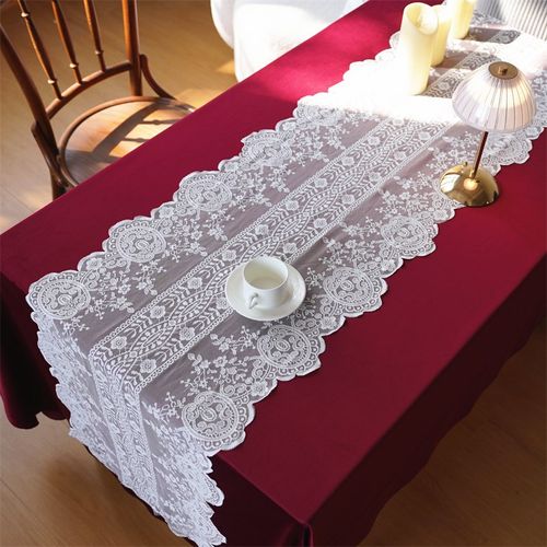 法式蕾丝桌旗复古网纱刺绣餐桌布电视柜钢琴盖布装饰茶几白色盖巾