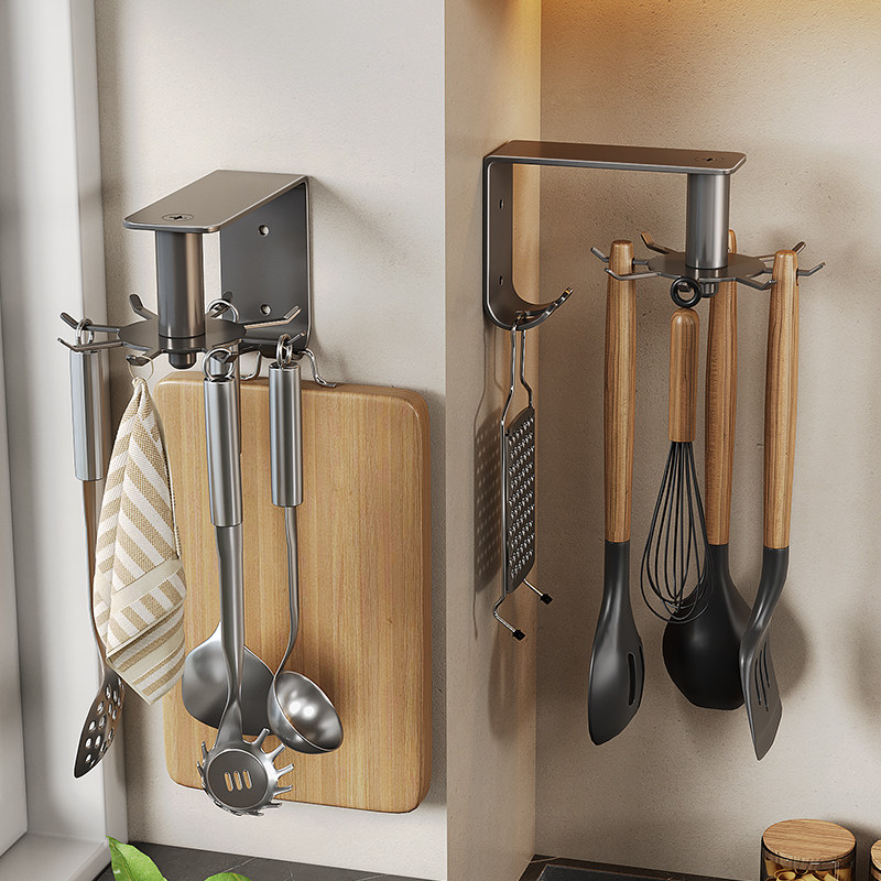 不锈钢厨房旋转挂钩 免打孔置物架B壁挂式 锅铲勺子挂架铲子收纳