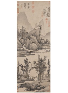 1:1明 沈周 溪桥访友图临摹画稿 微喷打印传统山水画原大临摹底稿