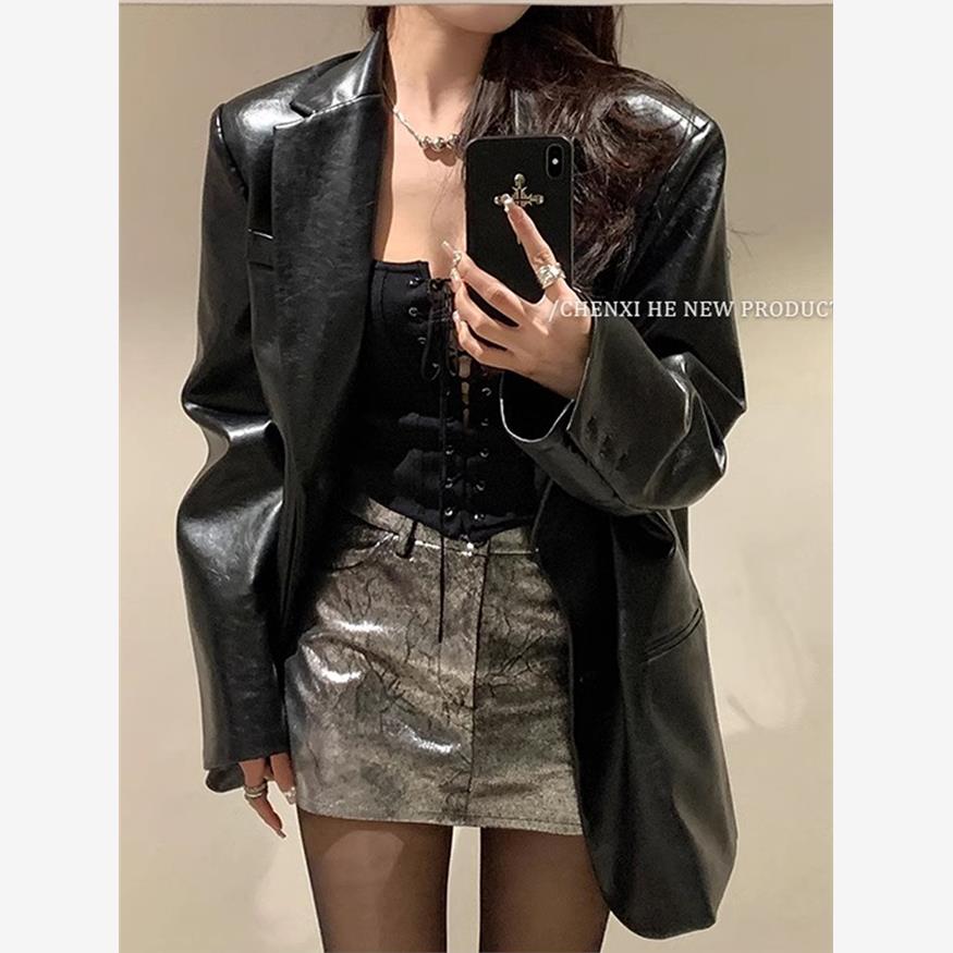 街头小众休闲宽松垫肩中长覆古水洗Pu皮革套装皮夹克夹克的妇女春