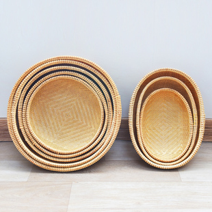 家用竹编馒头筐手工编织圆形大号竹筐厨房蔬菜收纳晾晒篮精编竹篓