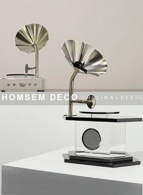 现代轻奢书房覆古水晶摆件样板房间客厅玄关年代留声机装饰品摆设