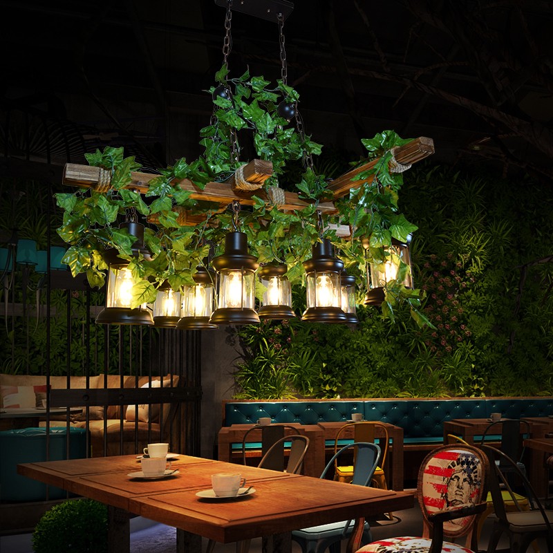美式乡村复古艺术工业 实木植物麻绳 吧台烧烤川菜工厂定制餐吊灯