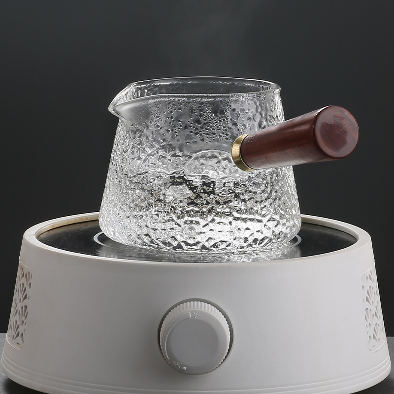 侧把加厚玻璃公道杯倒茶公杯木把耐高温茶海家用锤纹过滤分茶器具