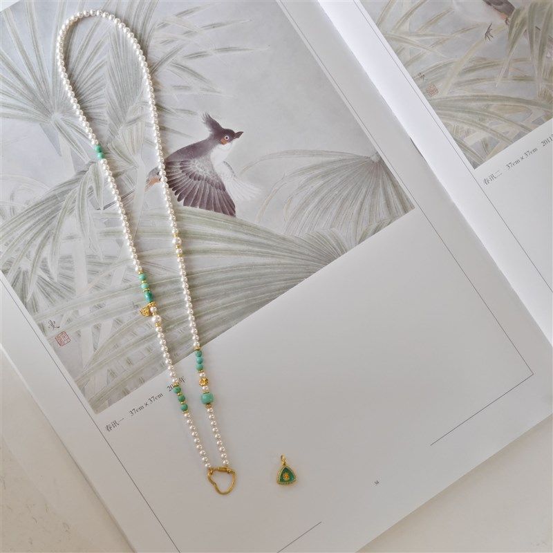 天然淡水珍珠绿松石项链挂吊坠万能链施家珍珠吊坠配绳配双挂链女