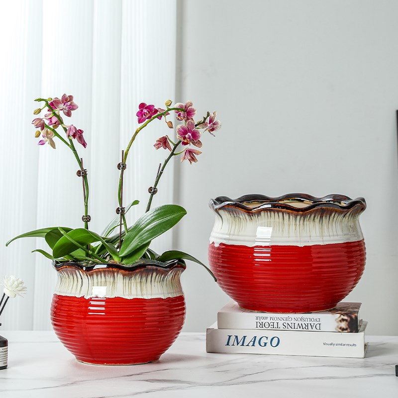 红色陶瓷花盆特大号欧式高级家用客厅大口径蝴蝶兰君子兰专用盆景