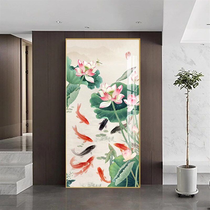 荷花叶九鱼图玄关装饰画莲花新中式九尾锂鱼聚财竖版防水晶壁挂画