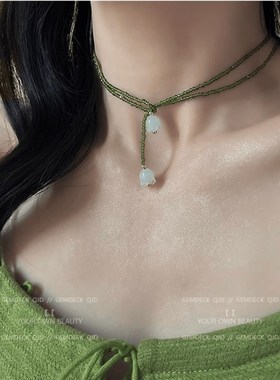 森系多种戴法水晶铃兰项链女复古绿色串珠小众设计锁骨链温柔颈链