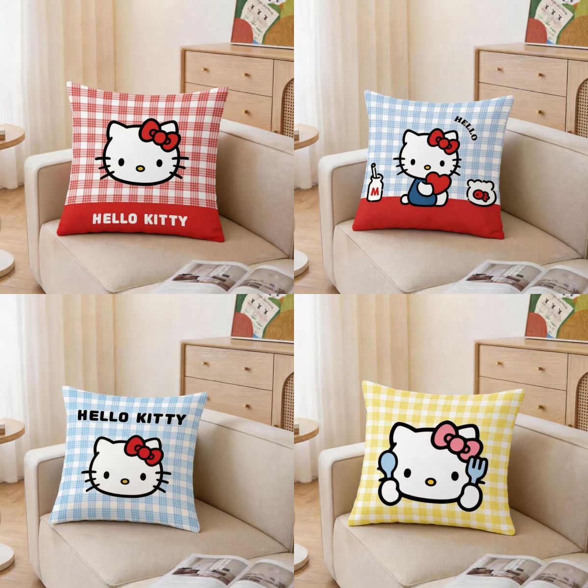 可爱卡通kitty猫抱枕凯蒂猫周边靠垫少女心格子午睡靠枕生日礼物