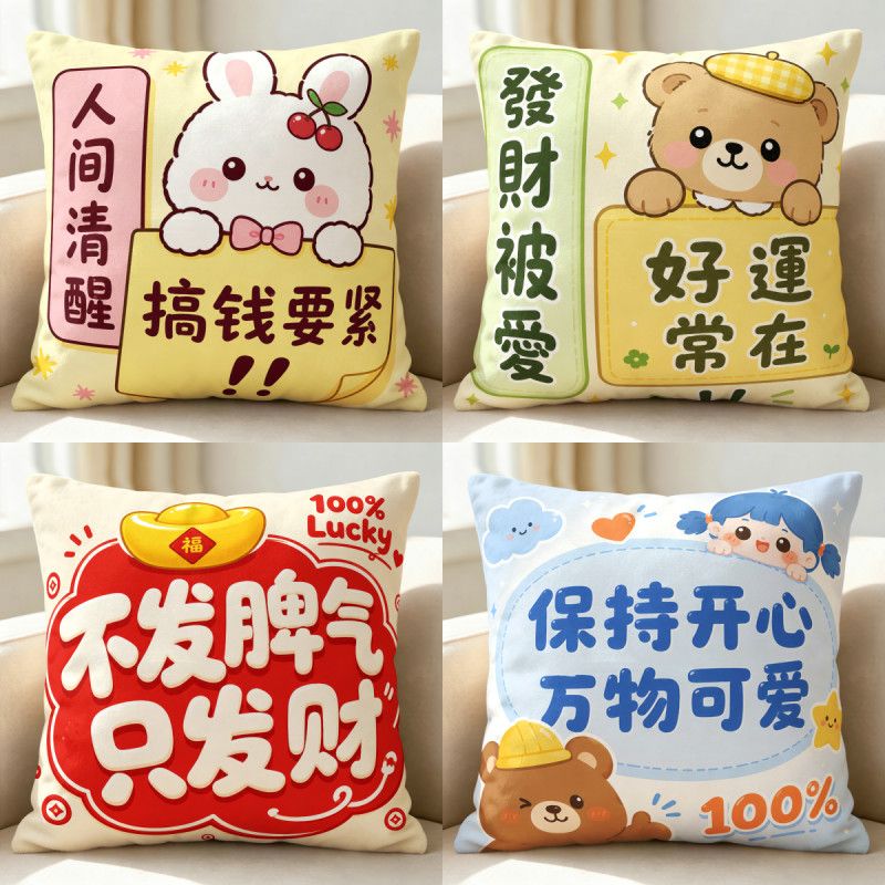 可爱卡通创意文字抱枕客厅沙发办公室宿舍车用靠枕可拆洗枕套