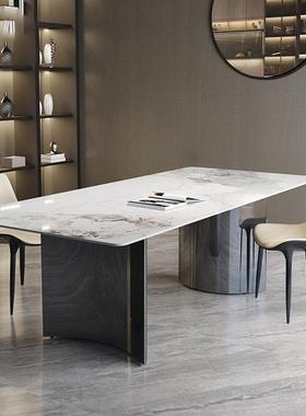 意式轻奢岩板餐桌简约现代长方形不锈钢大户型别墅家用网红饭桌子